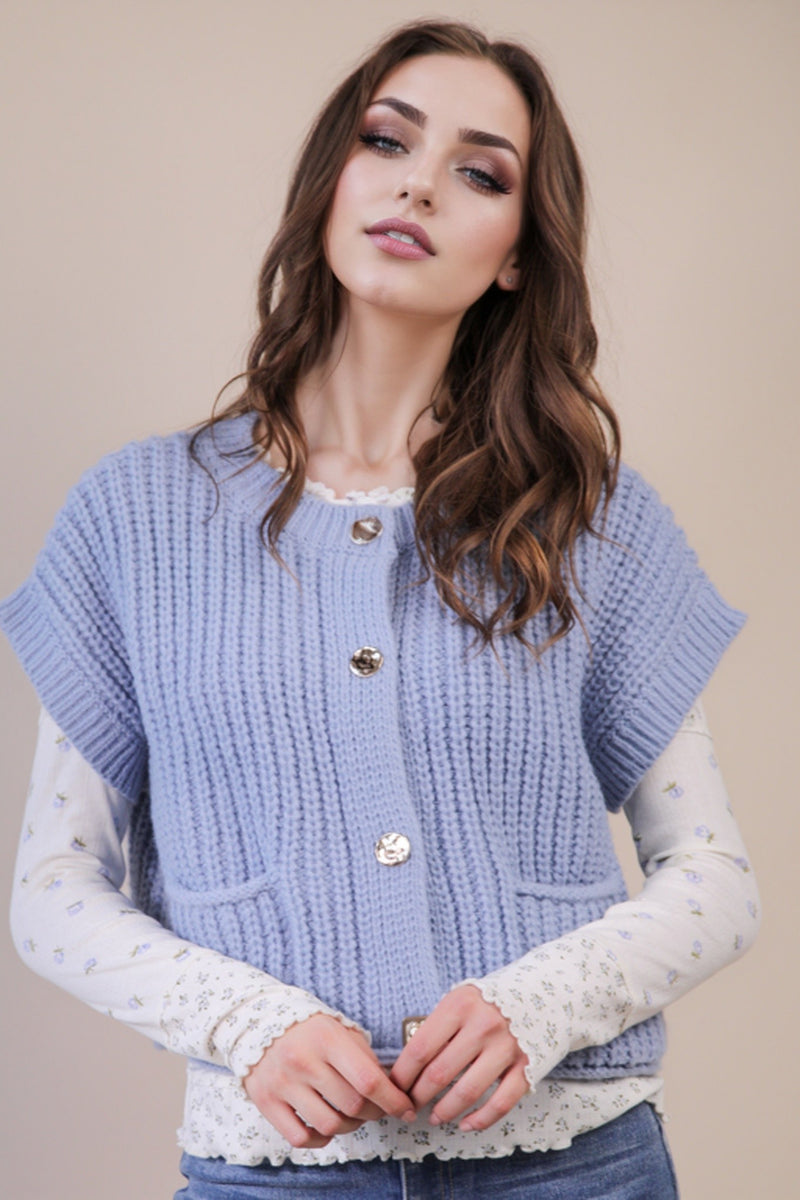 Dorothea Chunky Button Down Sweater, Blue