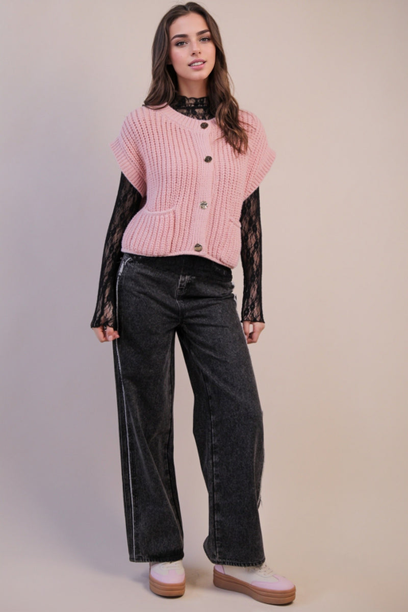 Dorothea Chunky Button Down Sweater, Blush