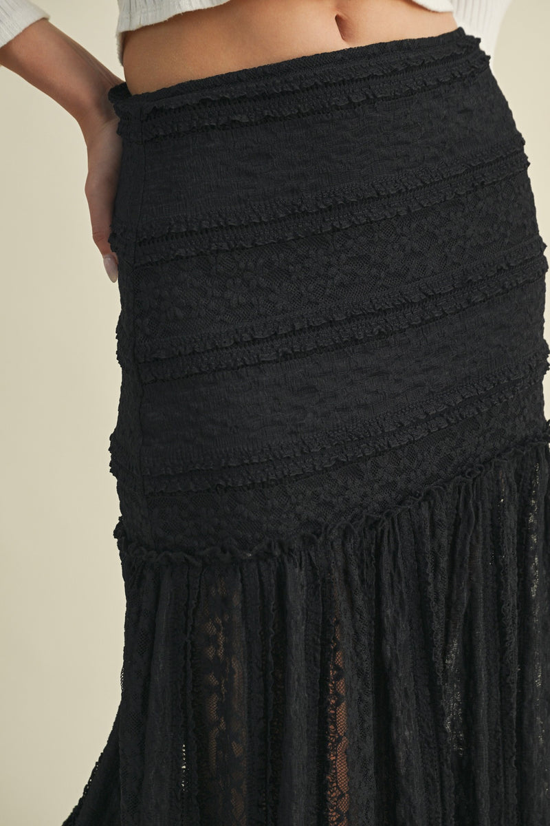 Olivia Lace Ruffle Detailed Maxi Skirt, Black