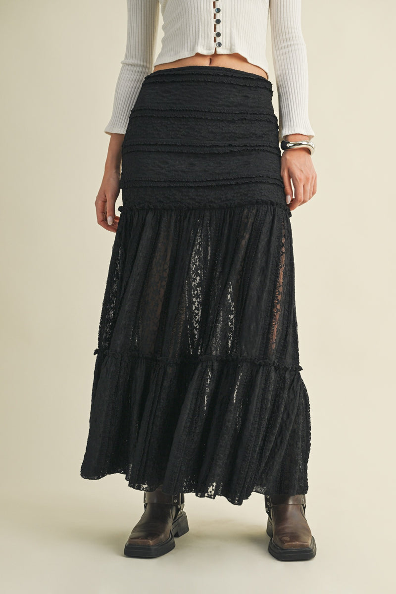 Olivia Lace Ruffle Detailed Maxi Skirt, Black