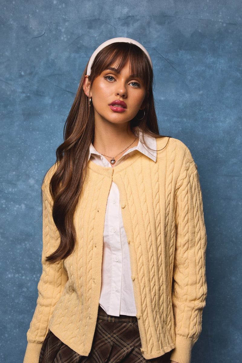 Josephine Cable Knit Boxy Cardigan, Butter