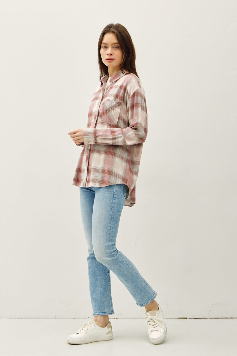 Juliette Plaid Button Up Shirt, Dusty Pink