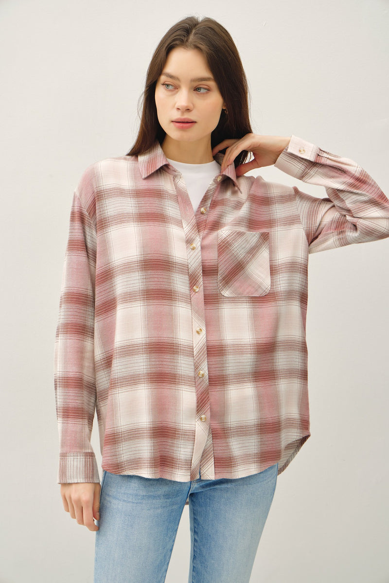 Juliette Plaid Button Up Shirt, Dusty Pink