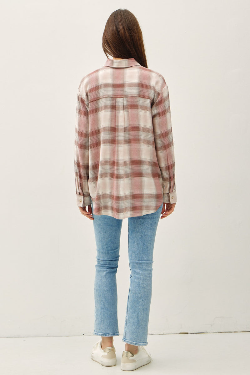 Juliette Plaid Button Up Shirt, Dusty Pink