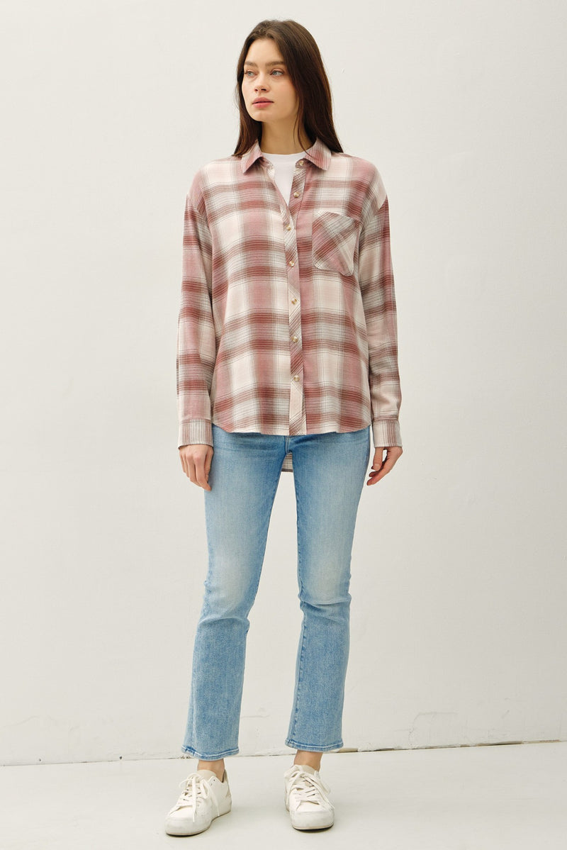 Juliette Plaid Button Up Shirt, Dusty Pink