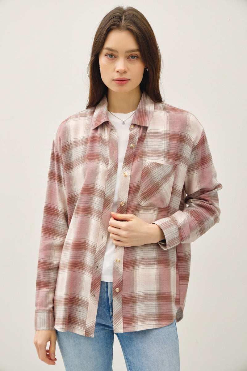 Juliette Plaid Button Up Shirt, Dusty Pink