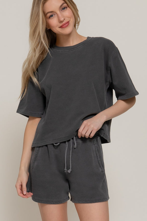 Elise Garment Washed Terry Top, Charcoal