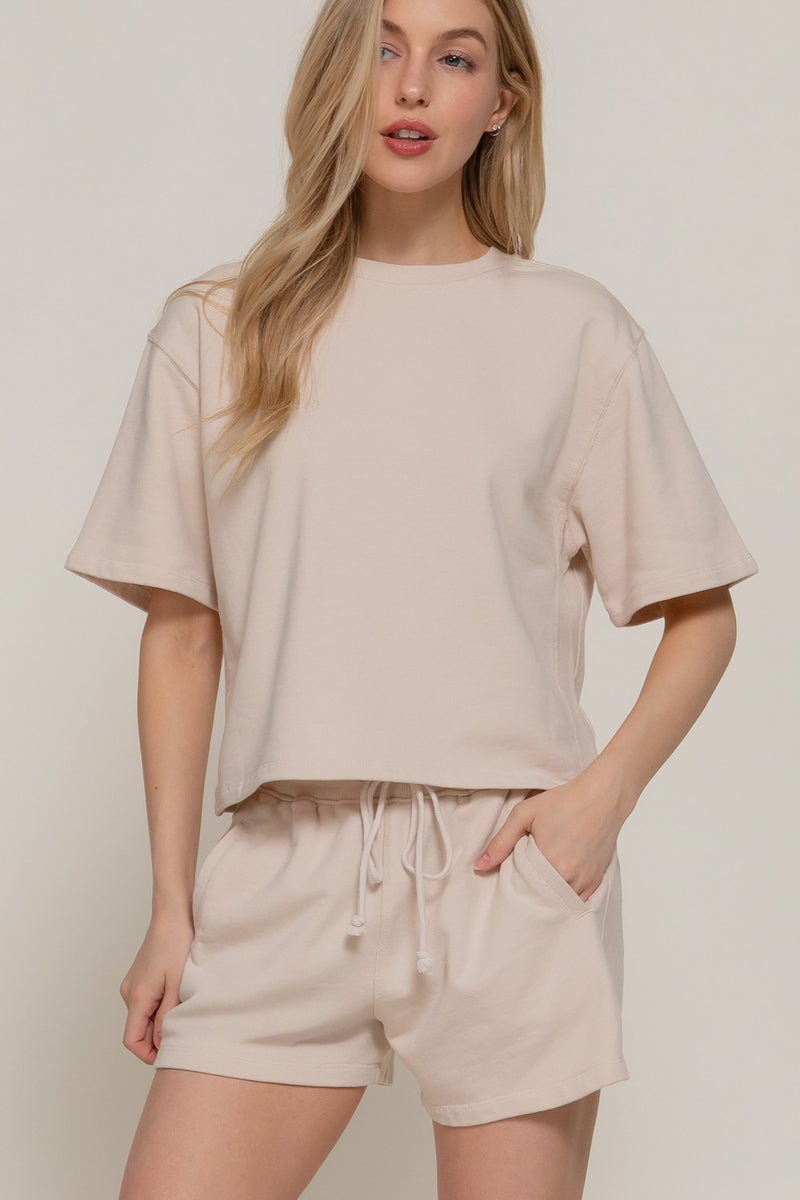 Elise Garment Washed Terry Top, Beige
