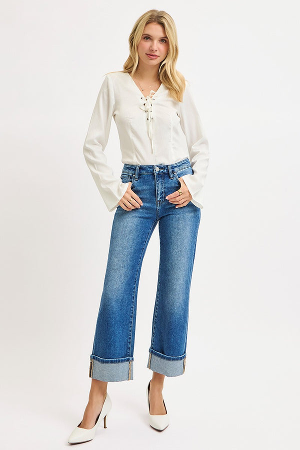 Emma Mid Rise Crop Cuffed Jeans, Medium