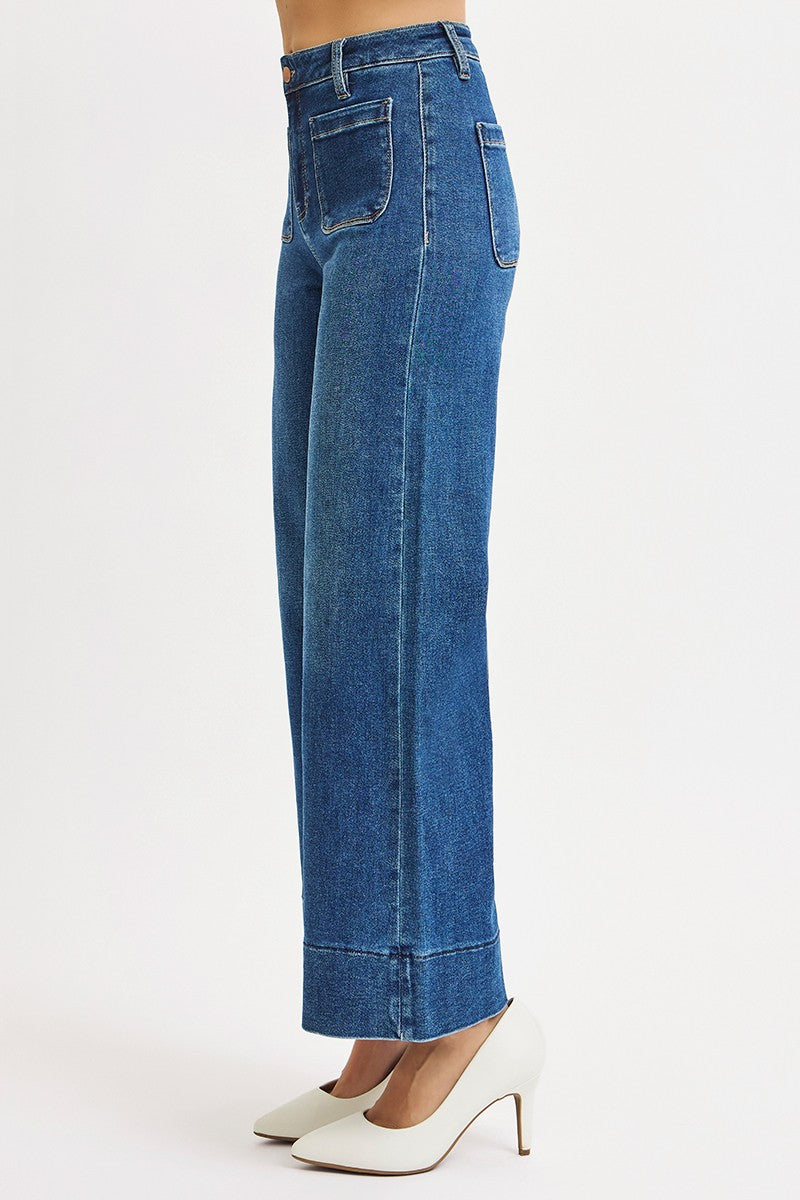 Kaia Crop Wide Leg Patch Pocket Jeans, Dark