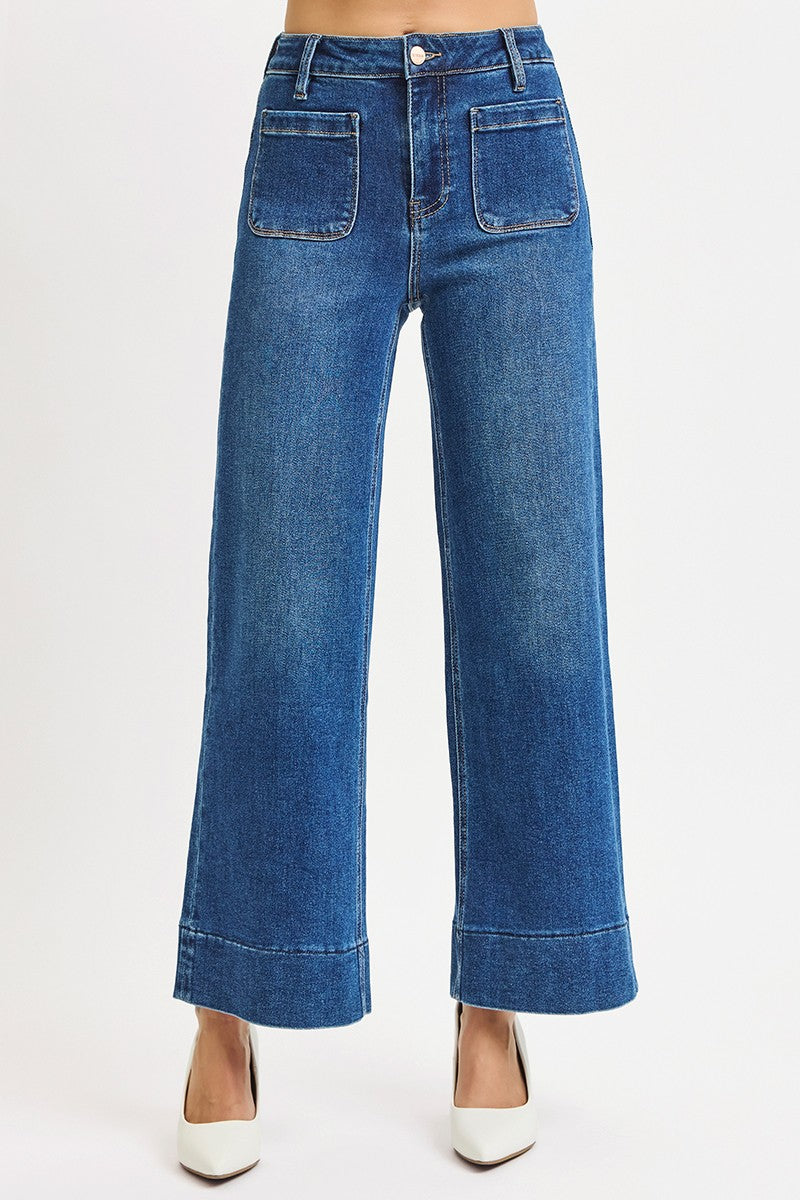 Kaia Crop Wide Leg Patch Pocket Jeans, Dark