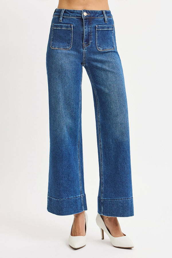 Kaia Crop Wide Leg Patch Pocket Jeans, Dark