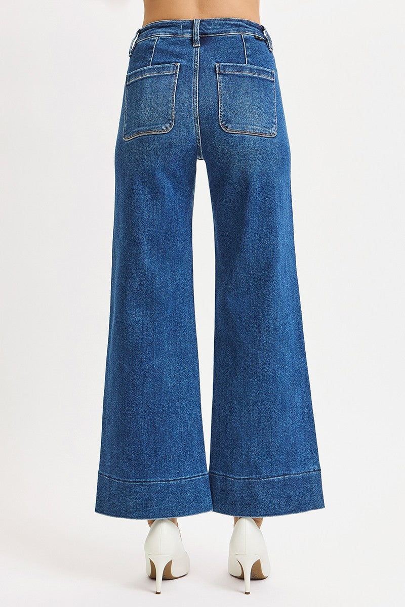 Kaia Crop Wide Leg Patch Pocket Jeans, Dark