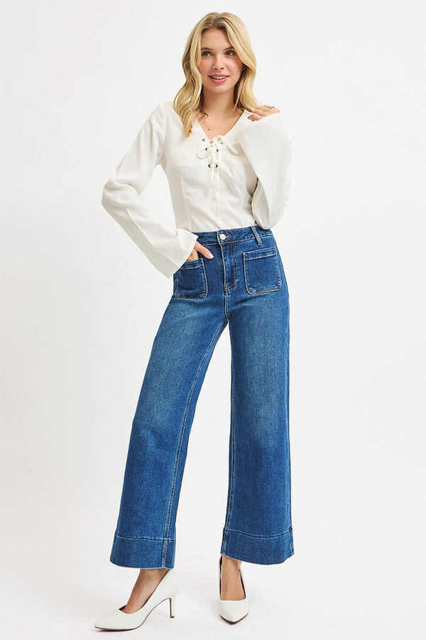 Kaia Crop Wide Leg Patch Pocket Jeans, Dark