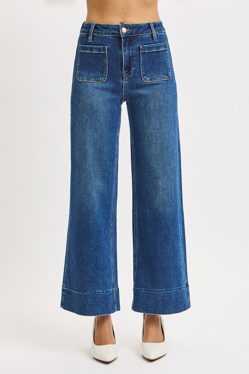 Kaia Crop Wide Leg Patch Pocket Jeans, Dark