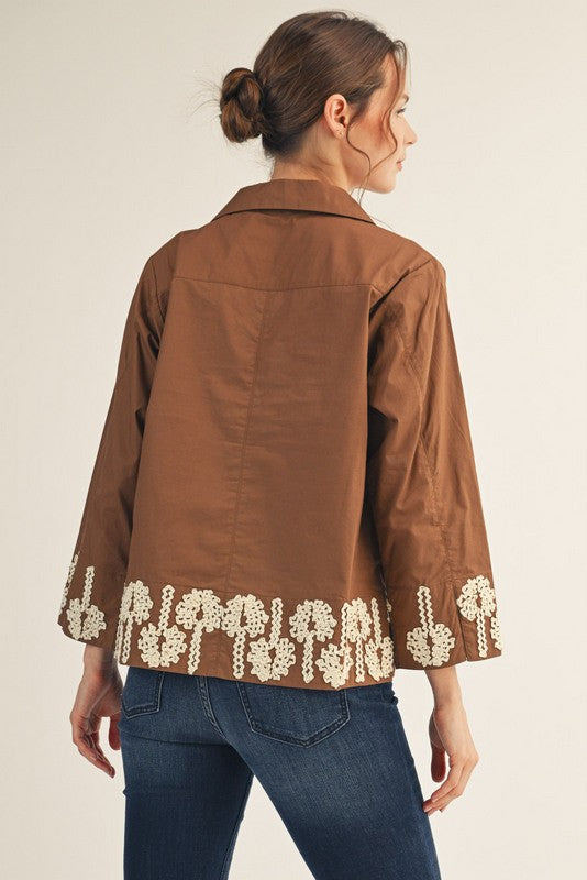 Katie 3D Floral Trim Accent Top, Mocha