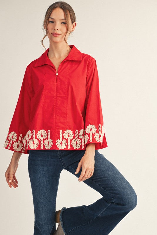 Katie 3D Floral Trim Accent Top, Red