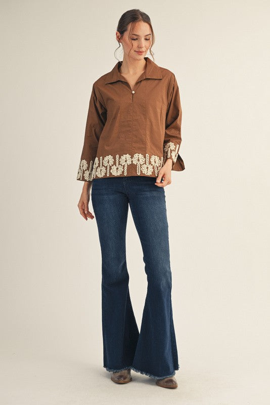 Katie 3D Floral Trim Accent Top, Mocha