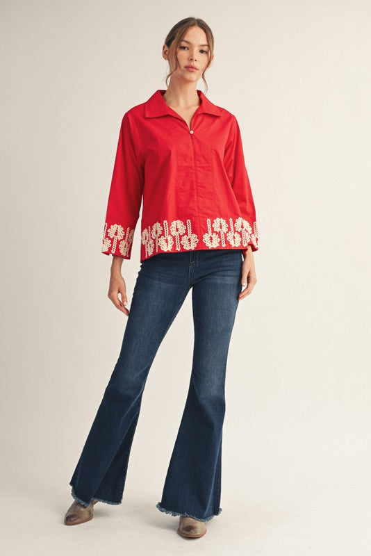 Katie 3D Floral Trim Accent Top, Red