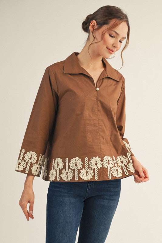 Katie 3D Floral Trim Accent Top, Mocha