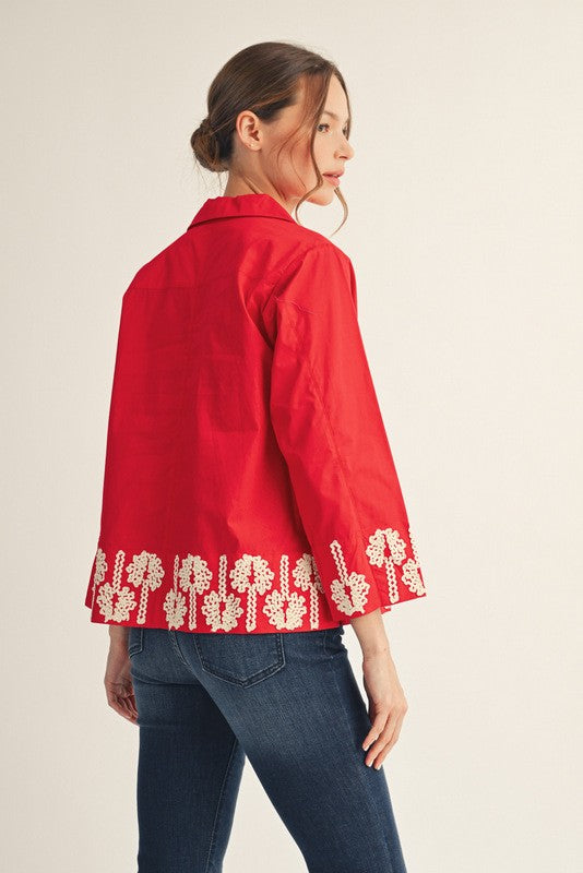 Katie 3D Floral Trim Accent Top, Red