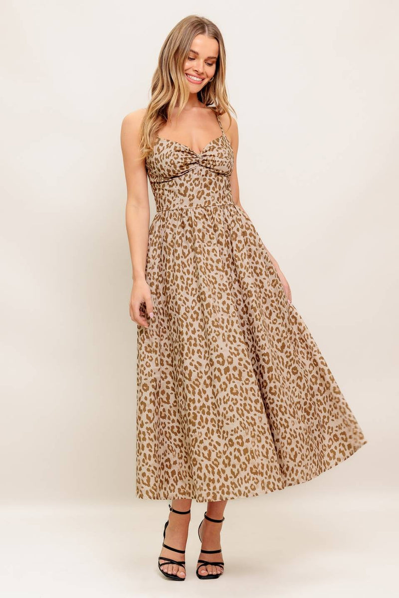 Claire Leopard Print Midi Dress, Taupe