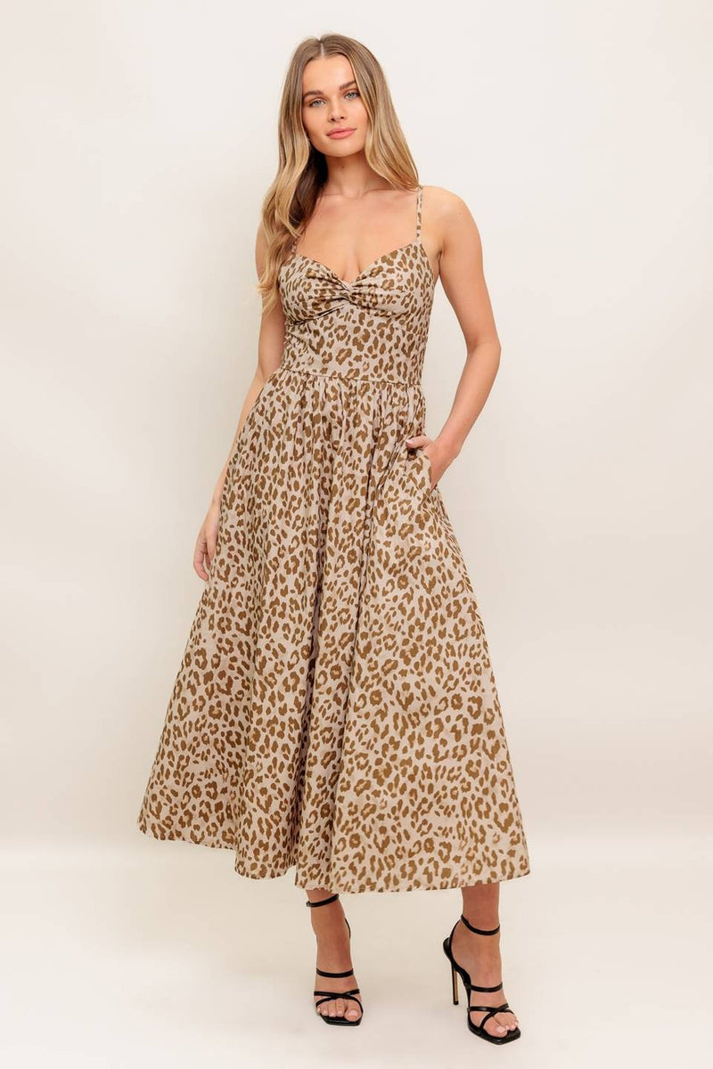 Claire Leopard Print Midi Dress, Taupe