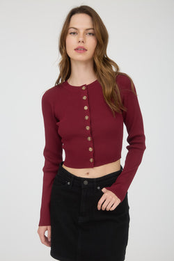 Josie Rib Knit Cropped Cardigan, Red Wood