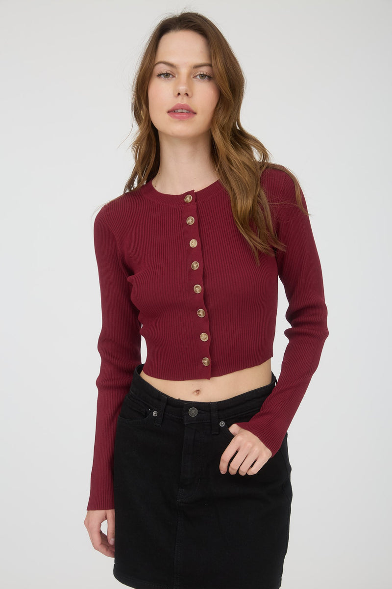Josie Rib Knit Cropped Cardigan, Red Wood
