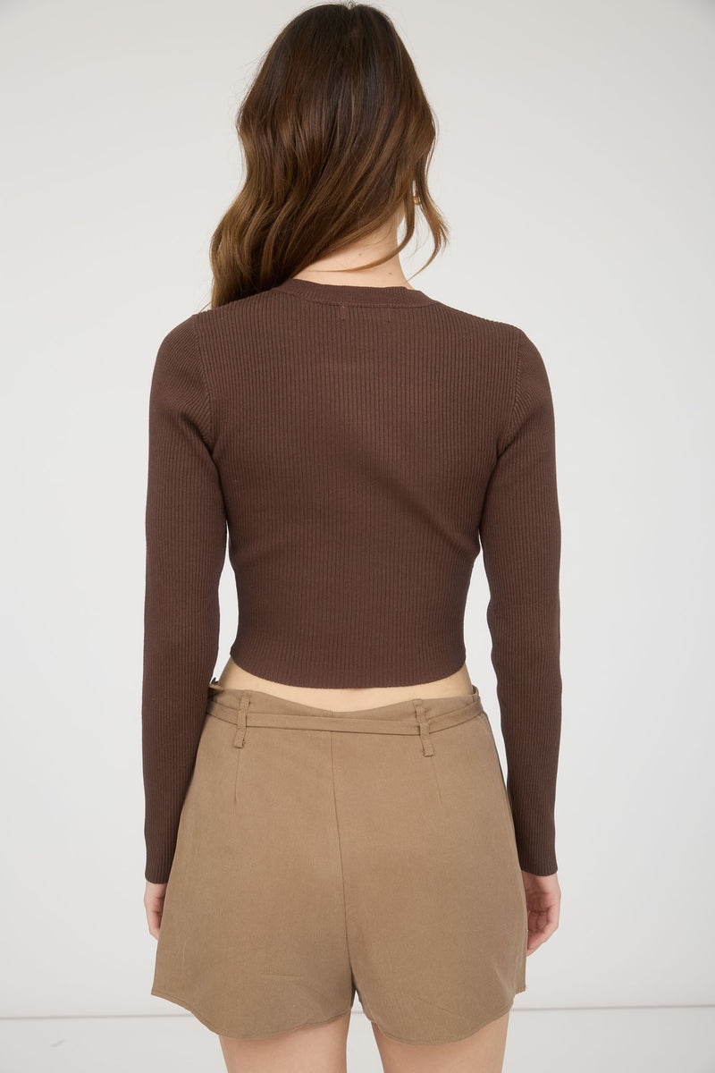 Josie Rib Knit Cropped Cardigan, Brown