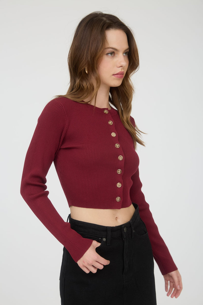Josie Rib Knit Cropped Cardigan, Red Wood