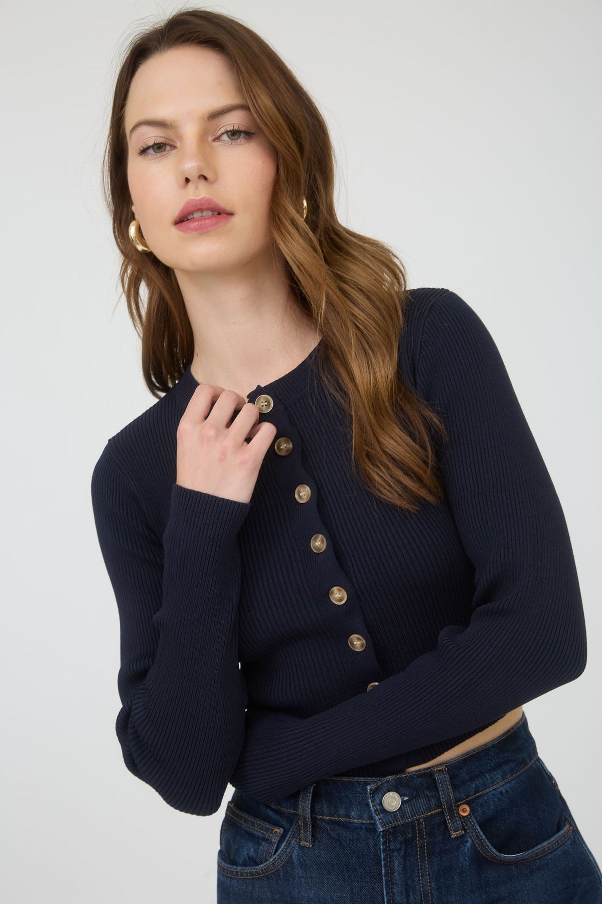 Josie Rib Knit Cropped Cardigan, Navy – North & Main Clothing Company