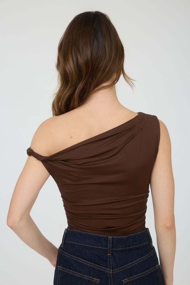 Delia Asymmetrical Off Shoulder Top, Chocolate