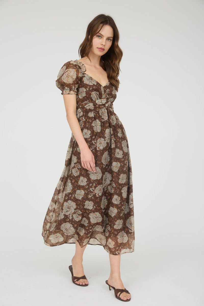 Joy Floral Sweetheart Midi Dress, Brown Multi