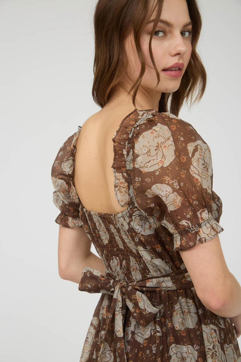 Joy Floral Sweetheart Midi Dress, Brown Multi