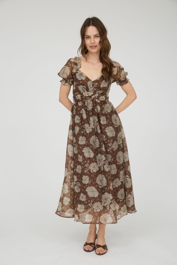 Joy Floral Sweetheart Midi Dress, Brown Multi