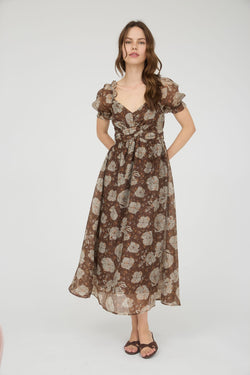 Joy Floral Sweetheart Midi Dress, Brown Multi
