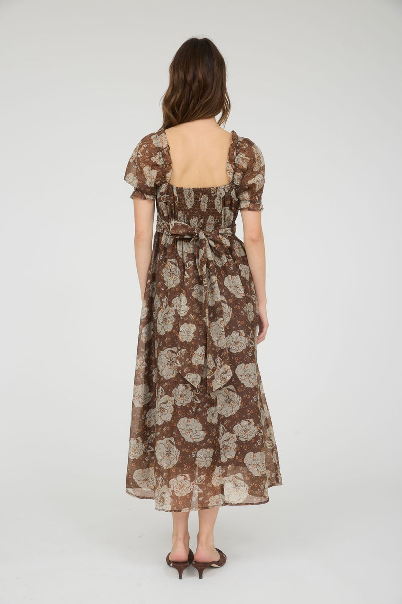 Joy Floral Sweetheart Midi Dress, Brown Multi