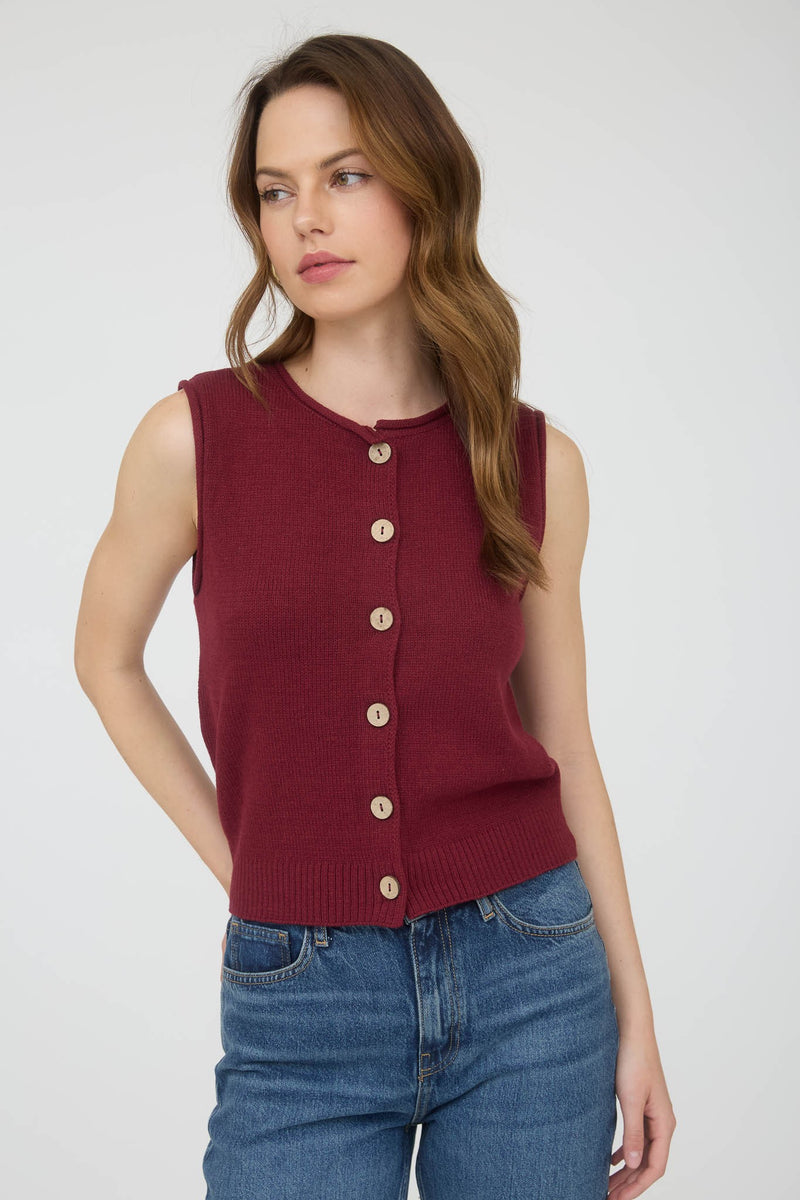 Lina Raw Edge Cardigan Vest, Burgundy