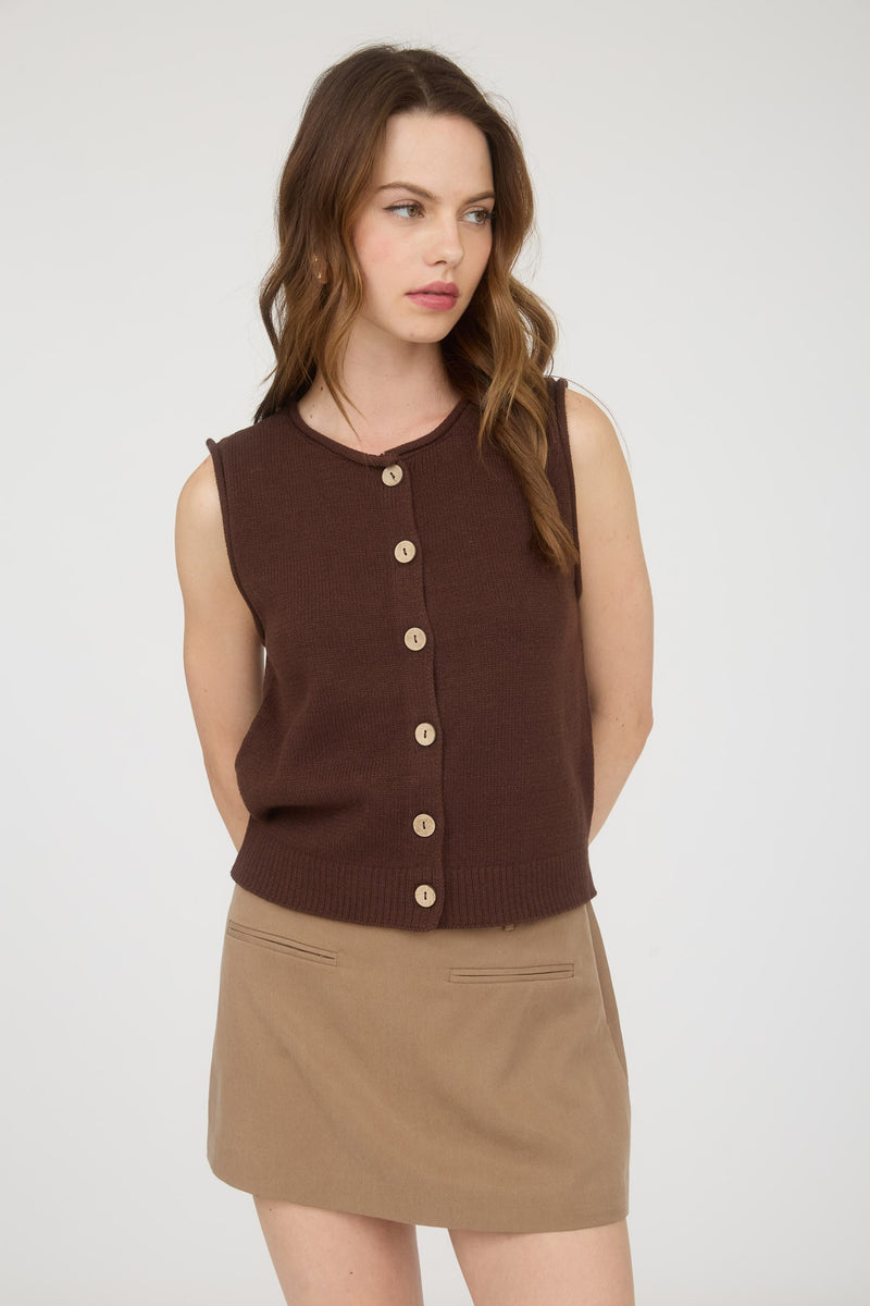 Lina Raw Edge Cardigan Vest, Brown