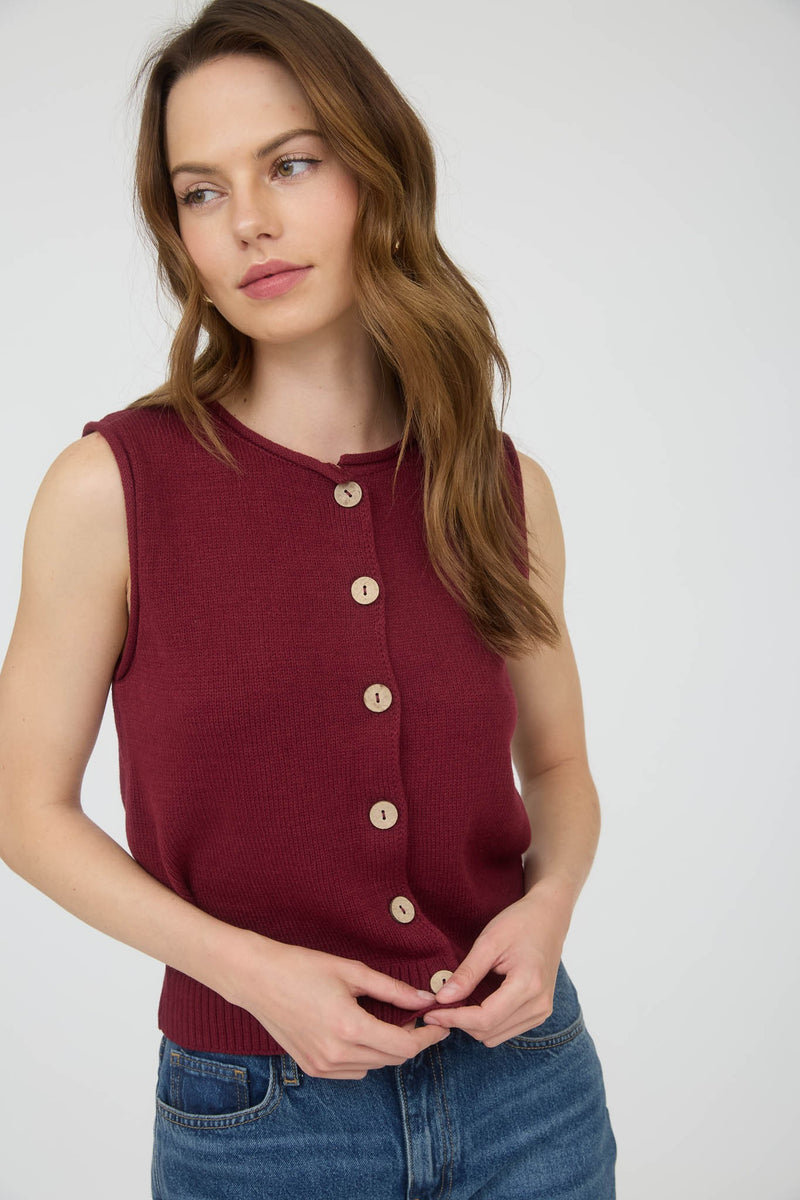 Lina Raw Edge Cardigan Vest, Burgundy