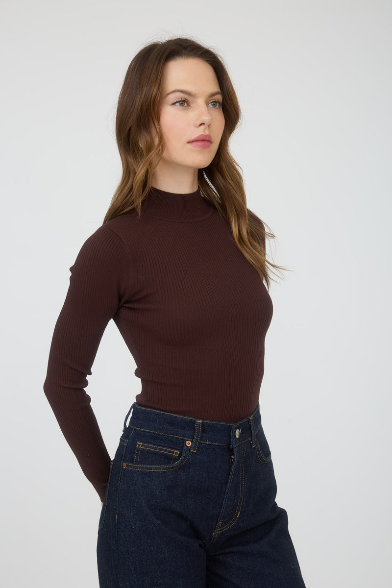 Bella High Neck Ribbed Bodysuit, Brown