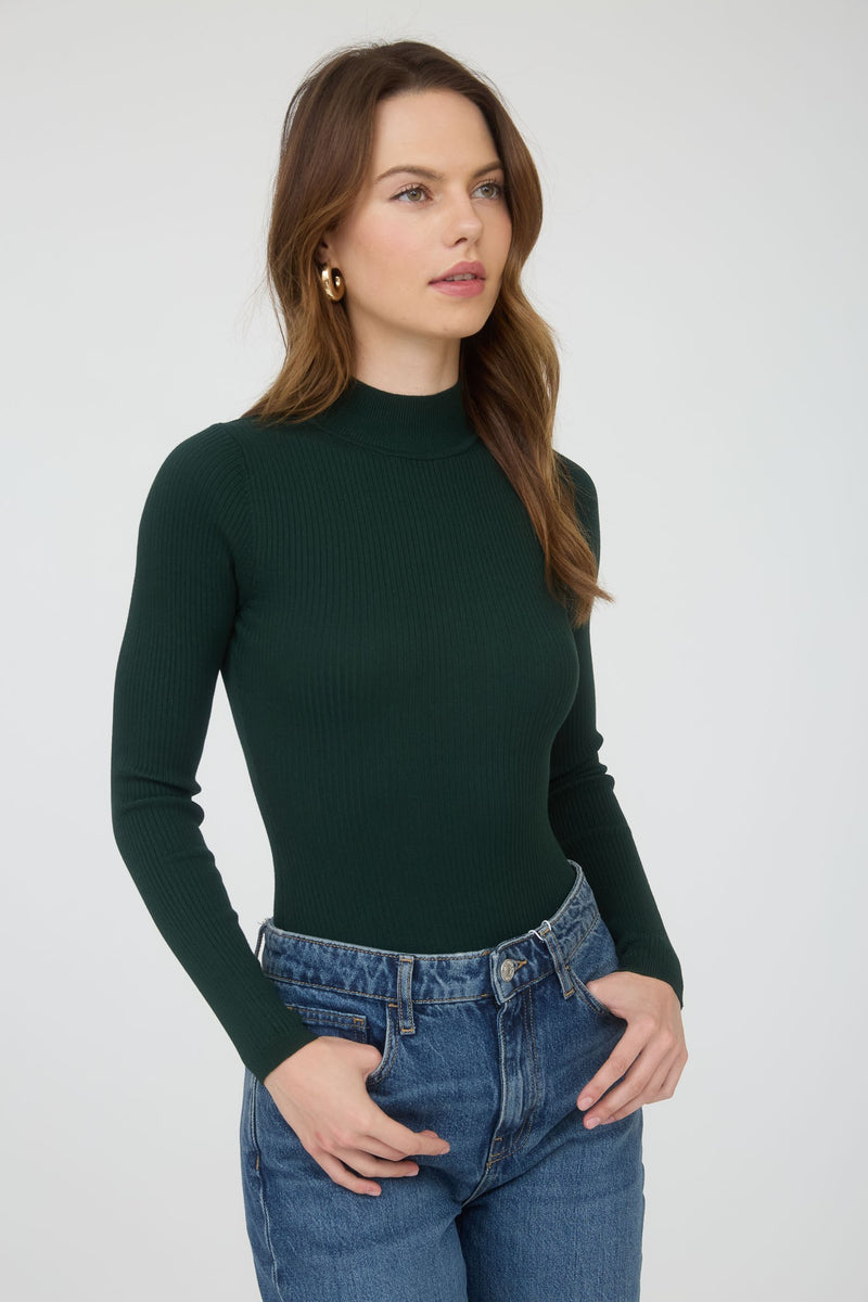 Bella High Neck Ribbed Bodysuit, Hunter Green