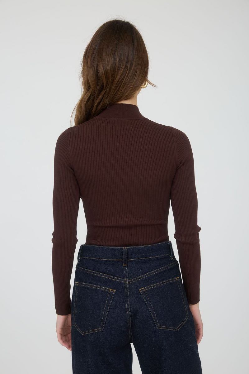 Bella High Neck Ribbed Bodysuit, Brown