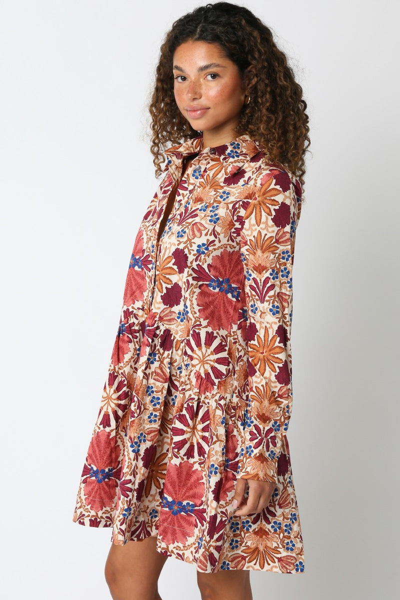 Ciara Collared Button Down Dress, Cream Rust