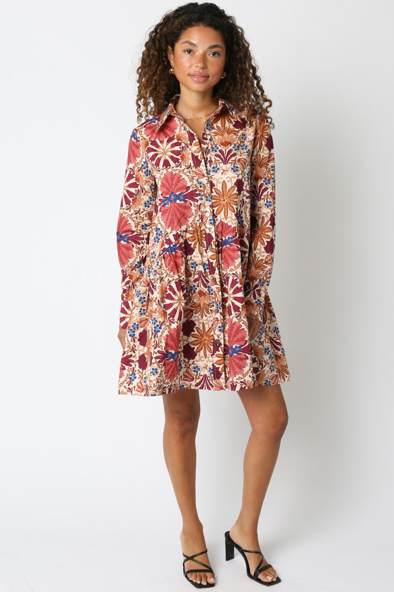 Ciara Collared Button Down Dress, Cream Rust