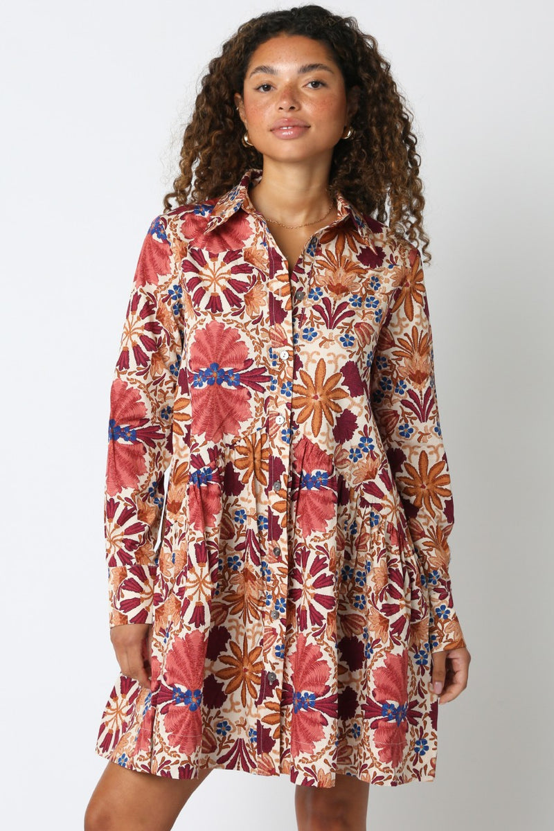 Ciara Collared Button Down Dress, Cream Rust