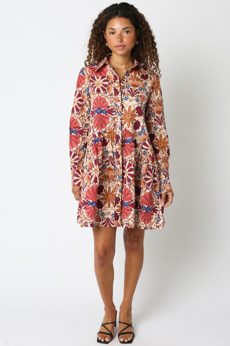 Ciara Collared Button Down Dress, Cream Rust