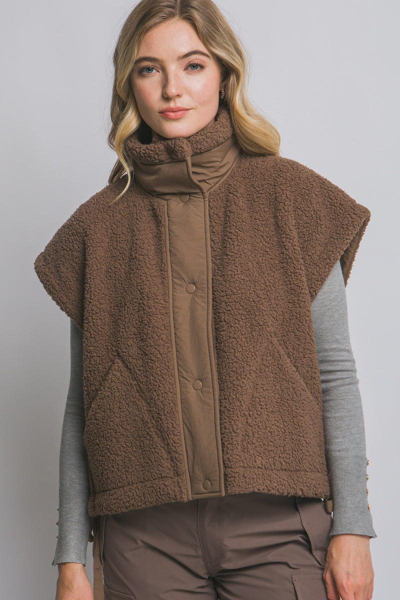 Addison Button Front Faux Fur Vest, Brown