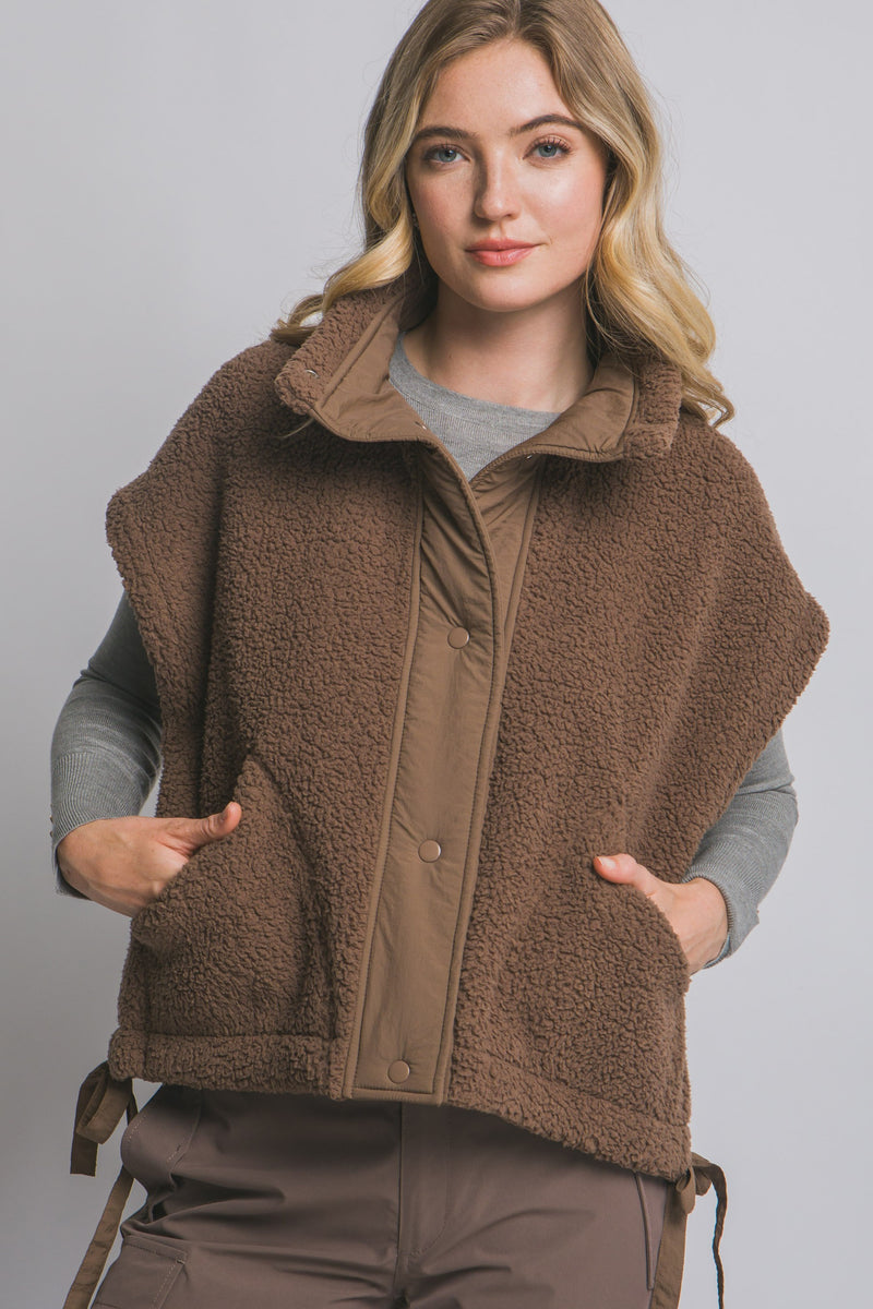 Addison Button Front Faux Fur Vest, Brown